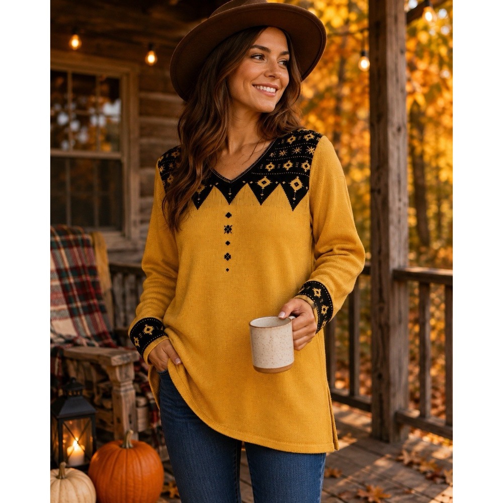 Denim 24/7 Sweater Womens 1X Mustard Black Nordic Fair Isle Tunic V Neck